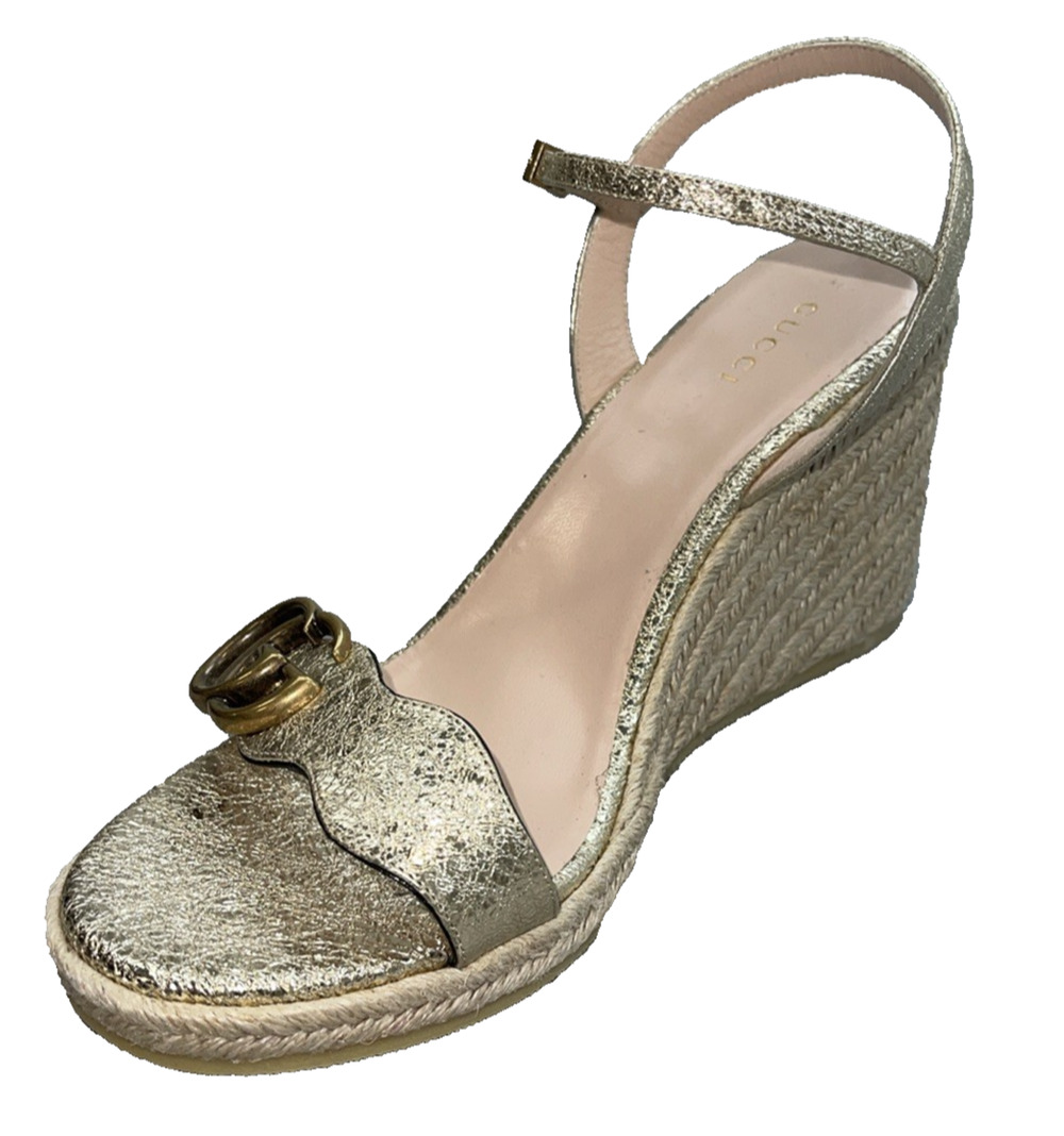 Gucci GG Aitana Marmont Espadrille Wedge Sandal Gold Leather US 10.5 (EU 40.5)